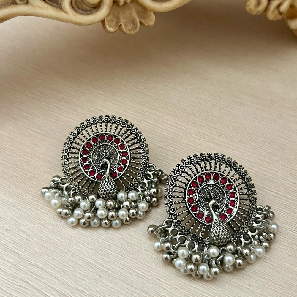 Silver & Red Peacock Earrings with Pearl Detail | Vintage-Inspired | Statement